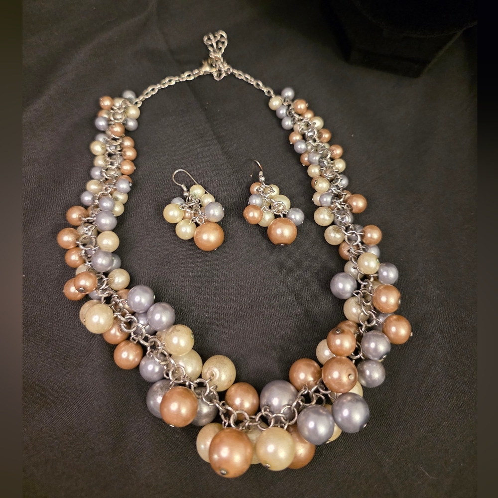 Chunky Multi-Strand Faux Pearl Necklace & Matching Earrings Set